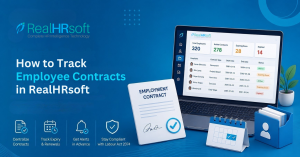RealHRsoft HRIS contract status report interface showing active and expiring employee contracts in Nepal