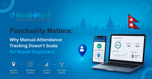 RealHRsoft attendance management software interface displaying geo-fencing and shift punctuality tracking features