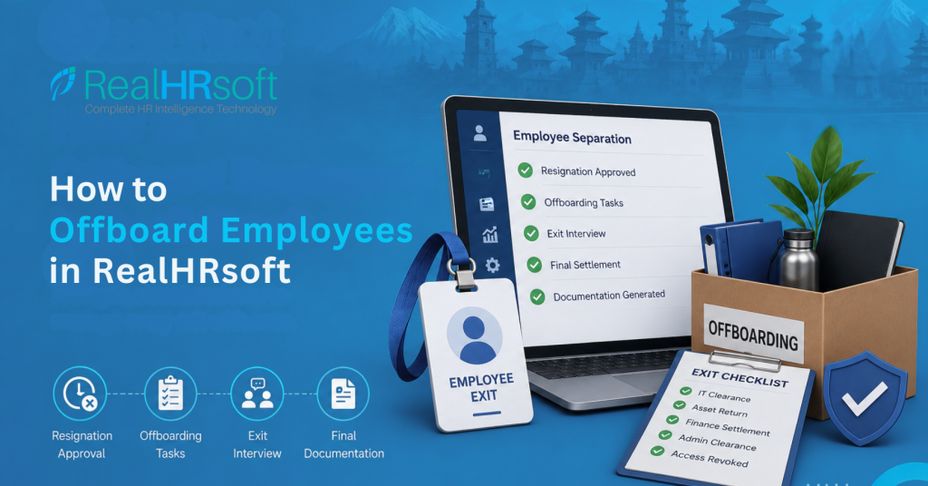 RealHRsoft employee offboarding feature guide hero graphic showing laptop and separation workflow interface