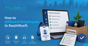 RealHRsoft employee offboarding feature guide hero graphic showing laptop and separation workflow interface