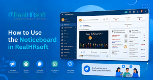 RealHRsoft Noticeboard feature dashboard showing employee announcements and division updates