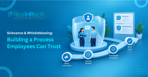Graphical banner showing the Employee Grievance and Whistleblowing Process interface in RealHRsoft
