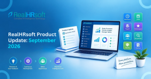RealHRsoft product update dashboard showing attendance, payroll, and HRIS enhancement